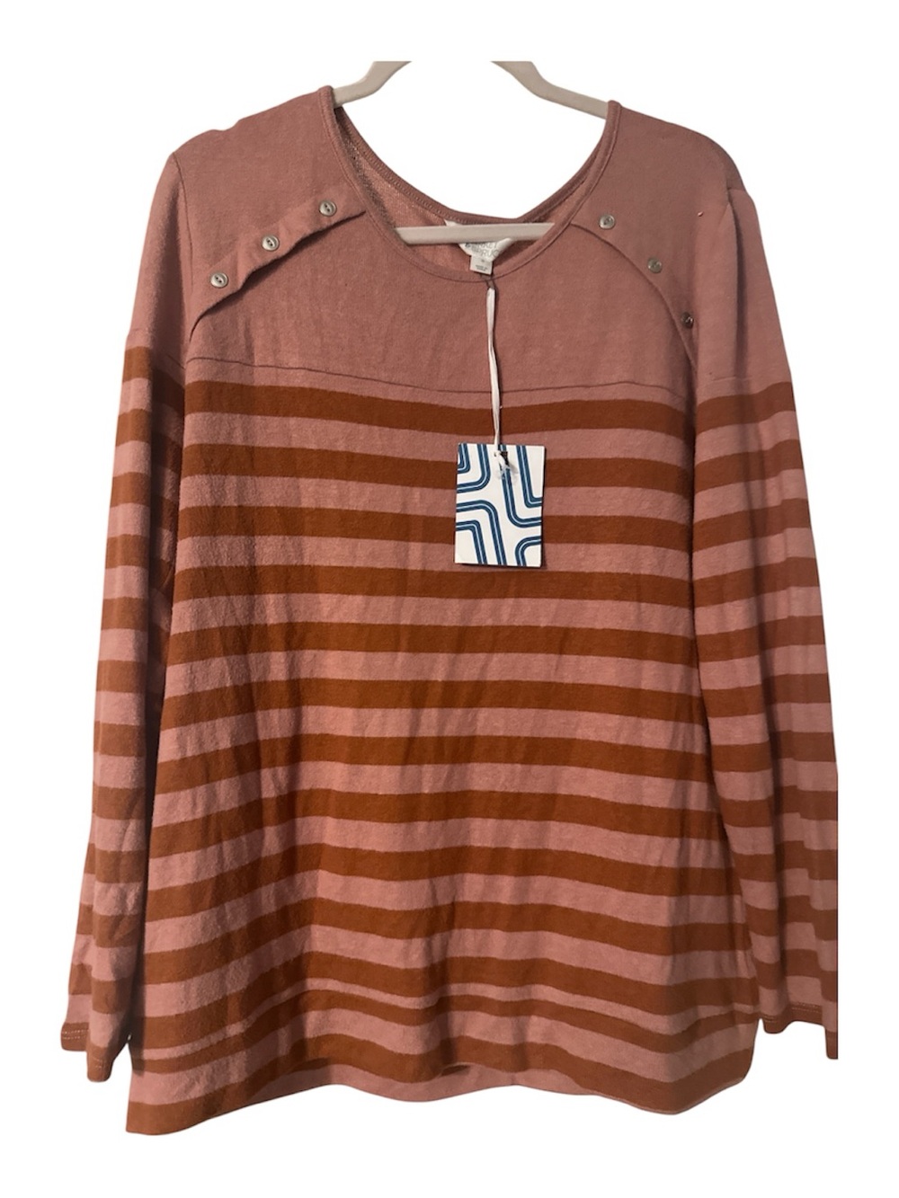 NWT Market & Spruce Pink and Brown Striped Snap-Shoulder Sweater xl poly spand
